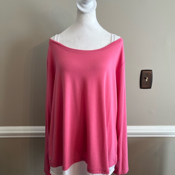 ZELOS Tops - ZELOS Pink and white cold shoulder long sleeve tunic top 2X